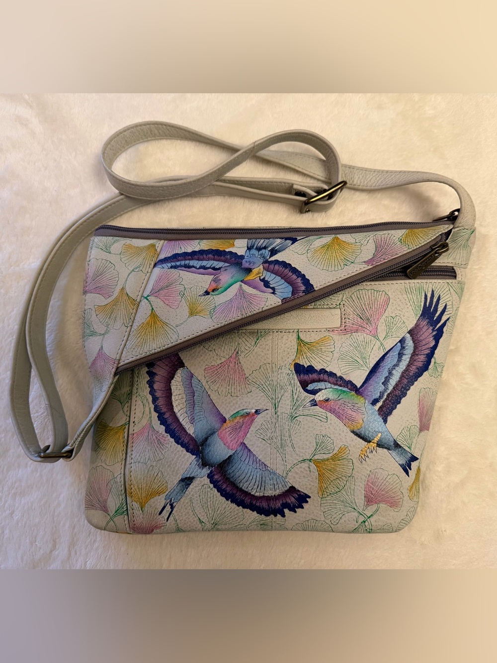Anuschka Hand-Painted Genuine Leather Crossbody Bag | Birds & Ginkgo Leaves